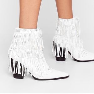 Brand New “Vegas Baby” White Fringe Sparkle Booties